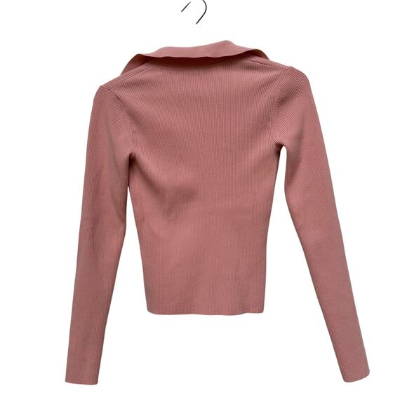 Intermix Pink Ribbed Knit Collared V-Neck Long Sleeve Top Size P (Small) - Picture 3 of 5